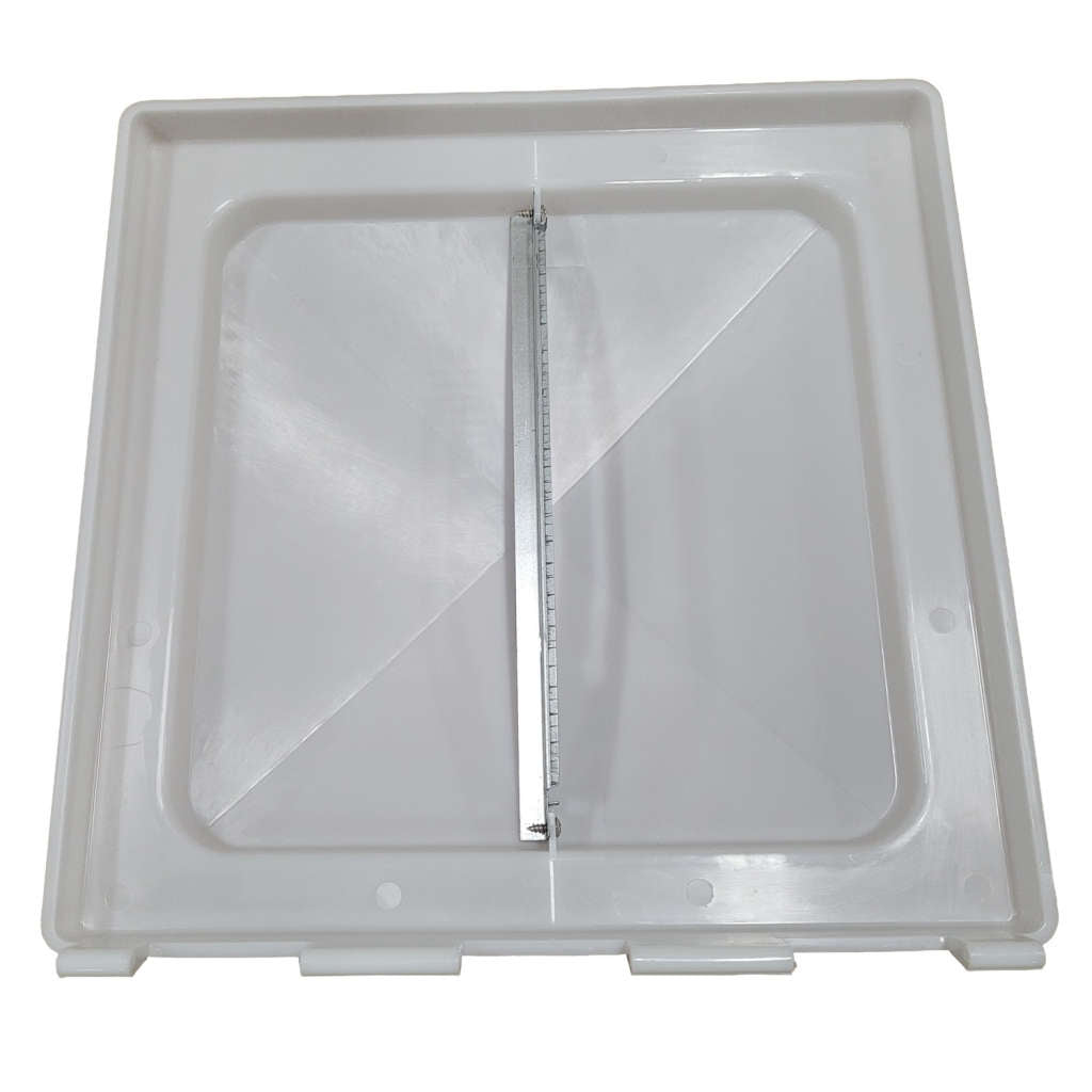 Close-up of pin hinge connection on Jensen RV roof vent lid

