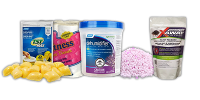 A group of pet supplement products arranged together on a white background, including a bag of LST Max, a bag of Cat Fitness, a tub of Dushmiher, and a bag of X-Way Probiotic Pellets, with yellow and pink product elements in front.