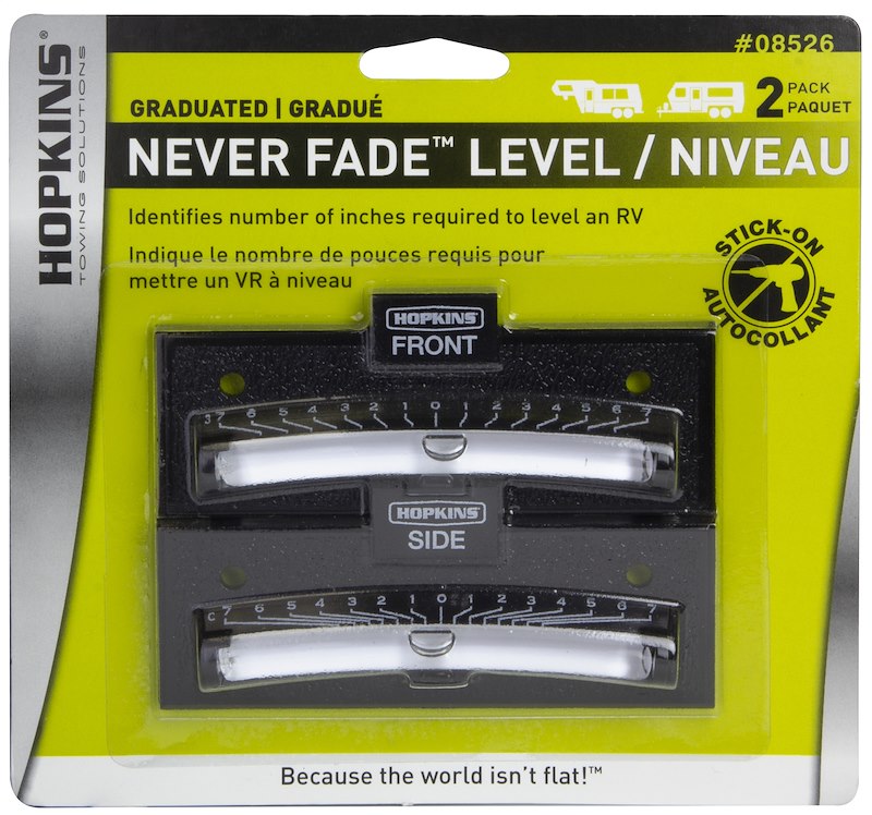 Hopkins leveling solution packaging with two graduated levels on a yellow background