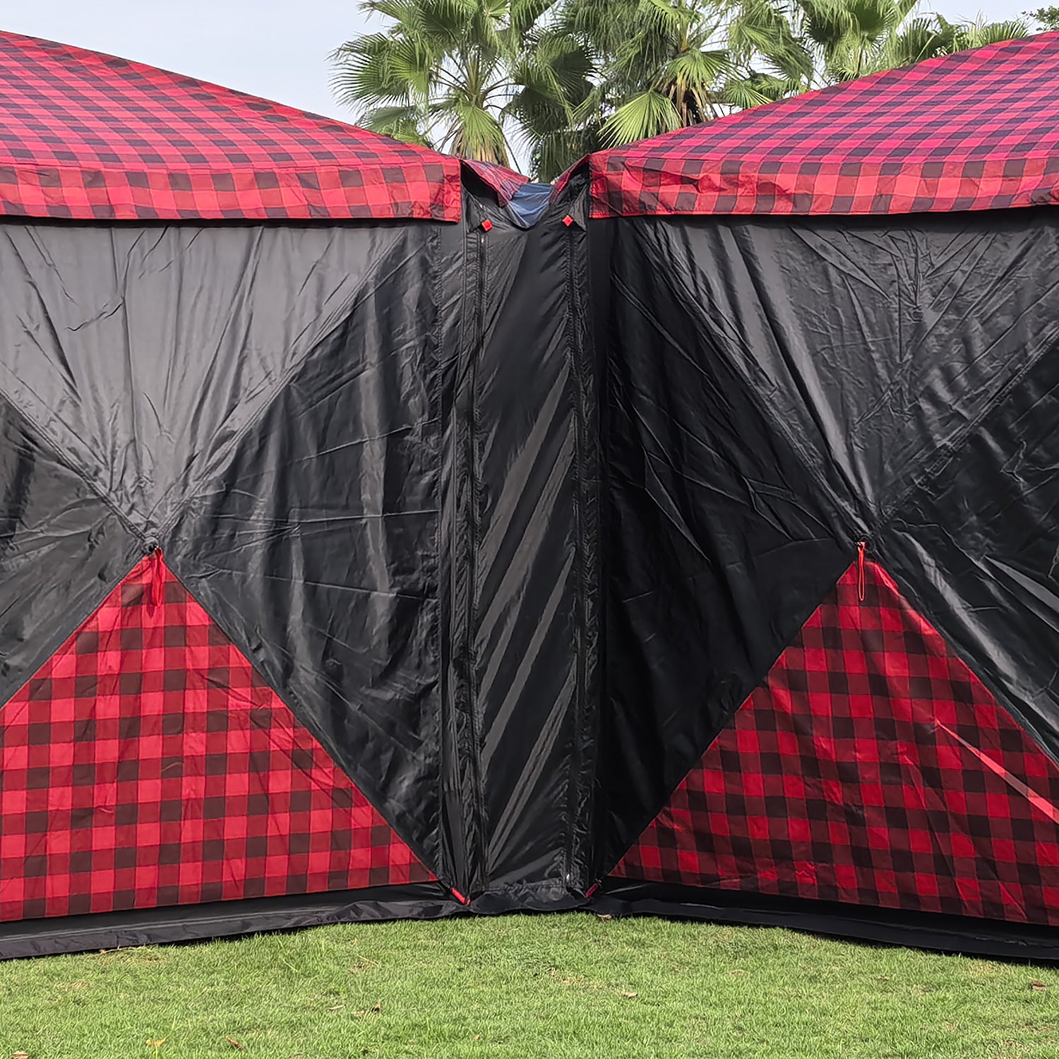 Two Super Bear Den gazebos connected using Kuma gusset at RV setup
