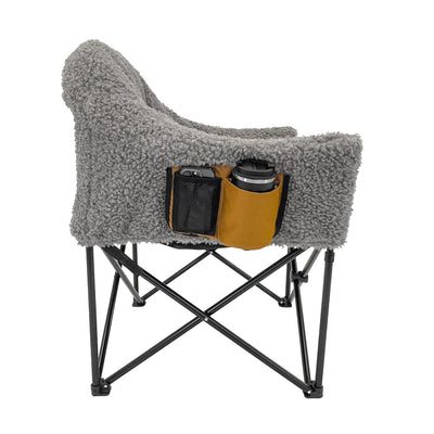 Soft knitted wool camp chair cover with beverage holder cutout
