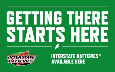 Promotional graphic for Interstate Batteries with text 'Getting There Starts Here' on a green background.