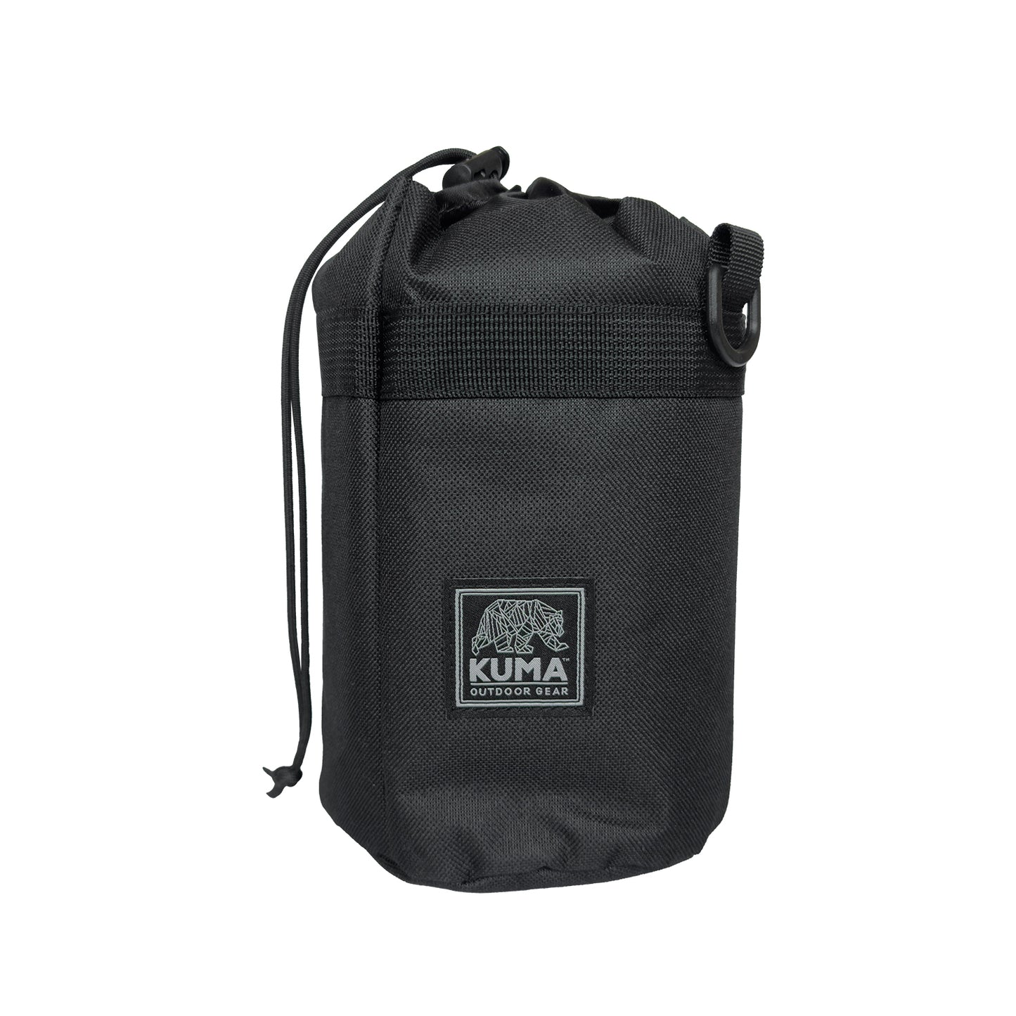 Black drawstring bag with Kuma Outdoor Gear logo on a white background