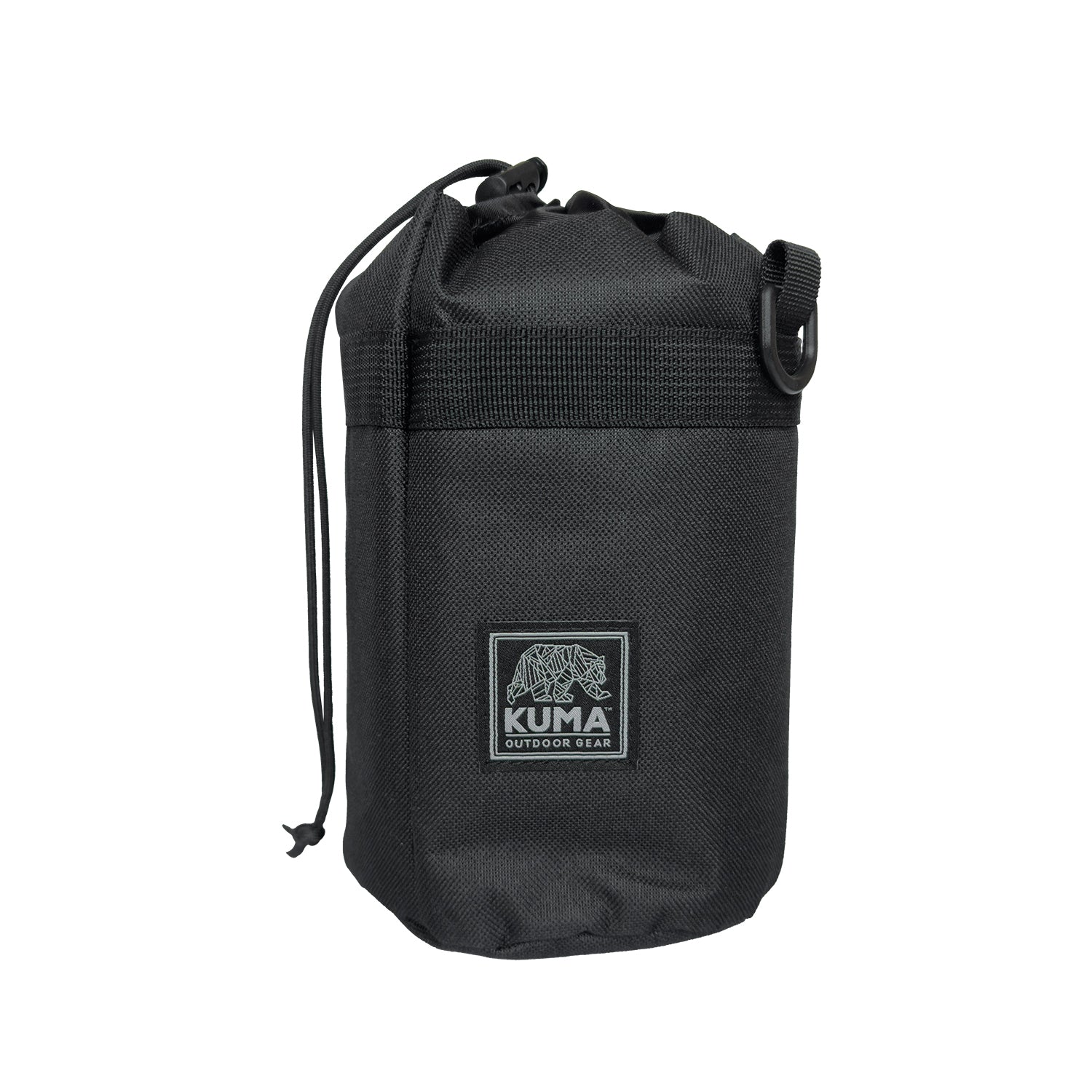 Black drawstring bag with Kuma Outdoor Gear logo on a white background