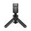 Black microphone stand with a textured top on a white background