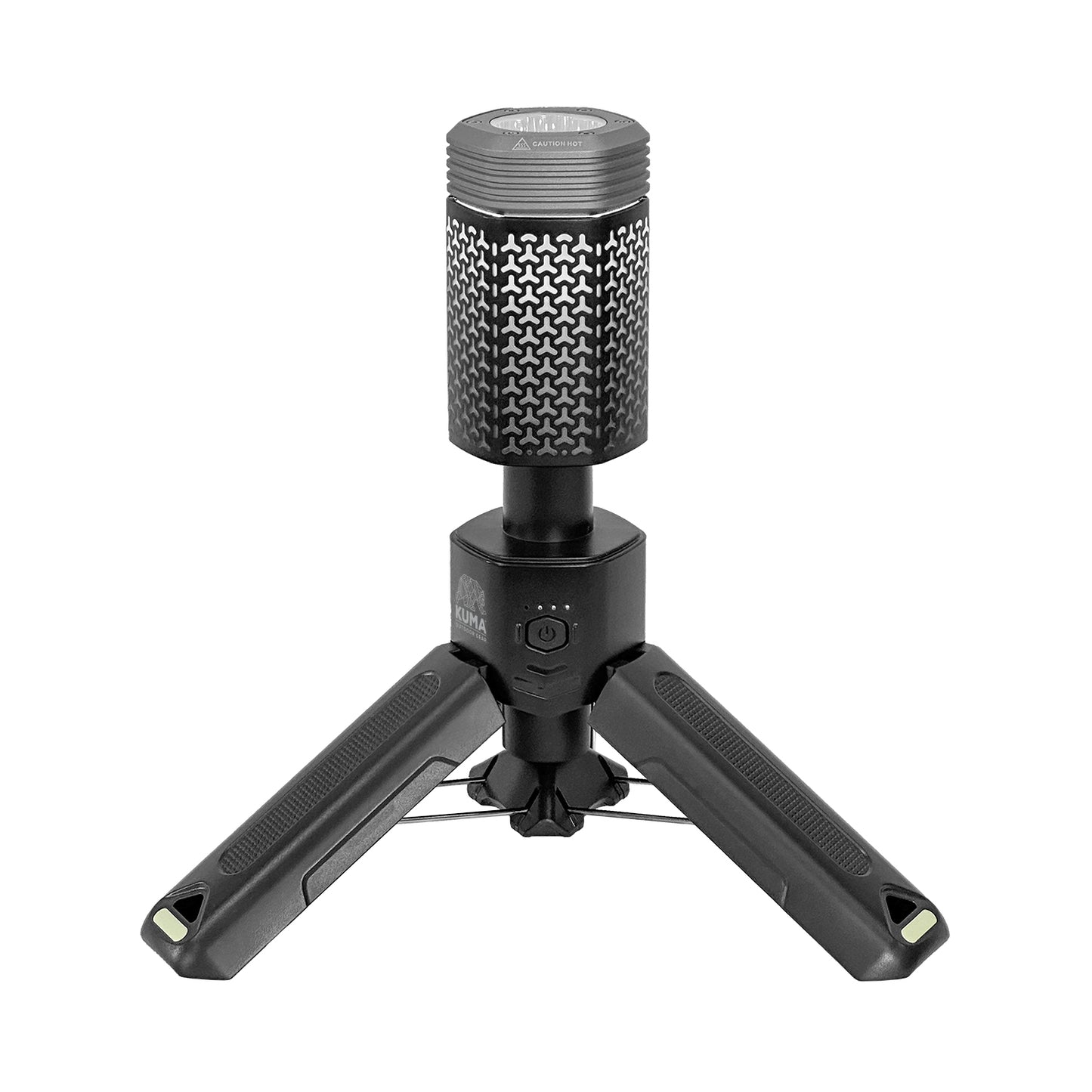 Black microphone stand with a textured top on a white background