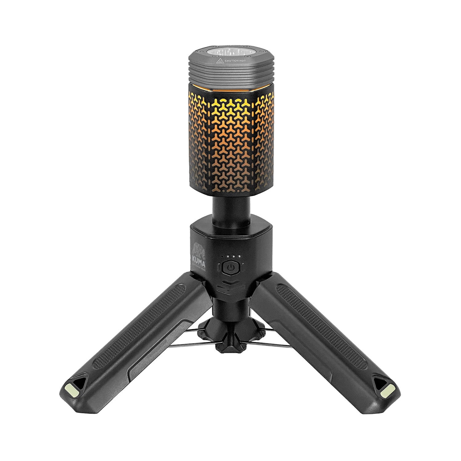 Black portable light with tripod stand on a white background