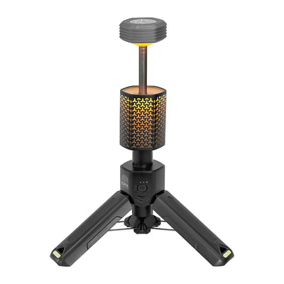 Black tripod stand with a cylindrical light attachment on a white background