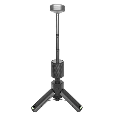 Black adjustable tripod stand on a white background