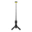 Black adjustable tripod stand with a light on a white background