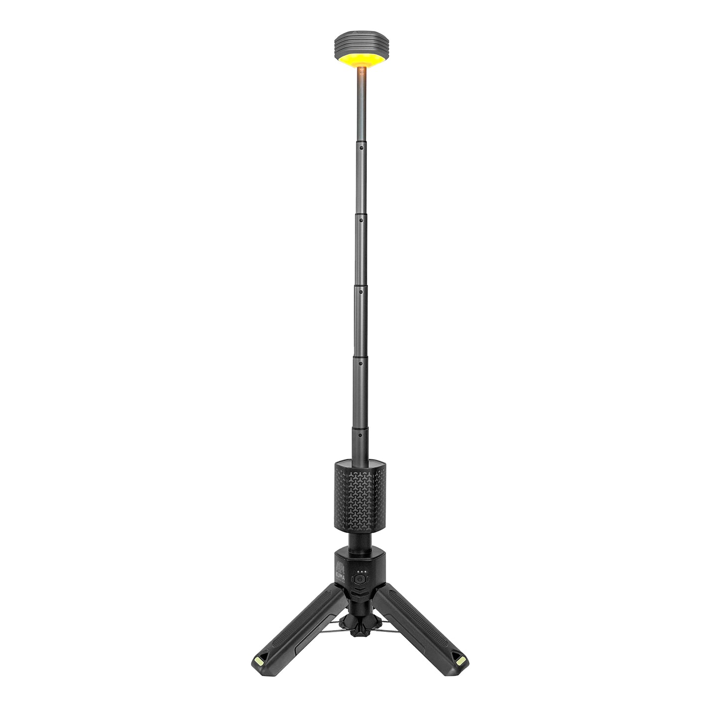 Black adjustable tripod stand with a light on a white background