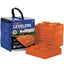 A pack of orange Lynx Levelers RV leveling blocks, with interlocking design, displayed alongside their blue storage bag.