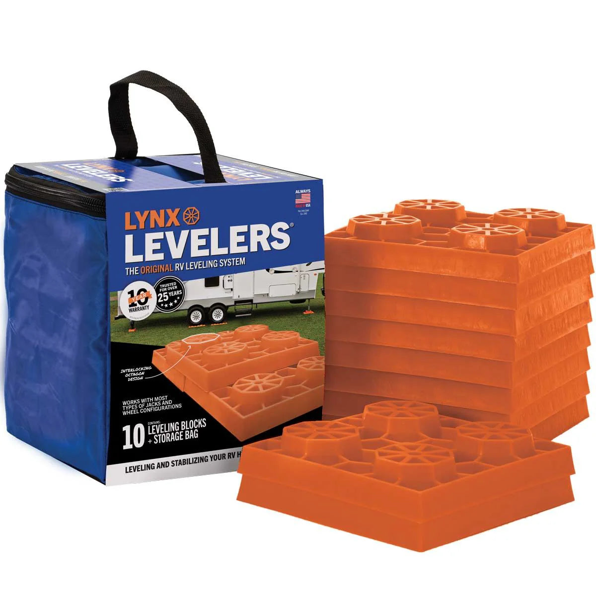 A pack of orange Lynx Levelers RV leveling blocks, with interlocking design, displayed alongside their blue storage bag.