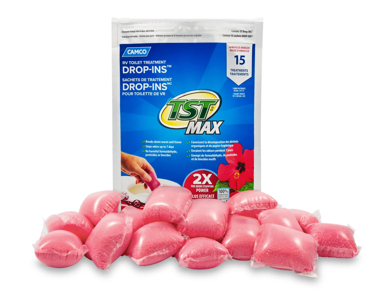 A package of Camco TST-Max drop-in treatment with several pink gel packets placed in front on a white background.
