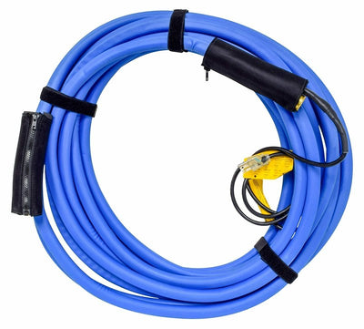 Coiled blue hose with black and yellow connectors on a white background