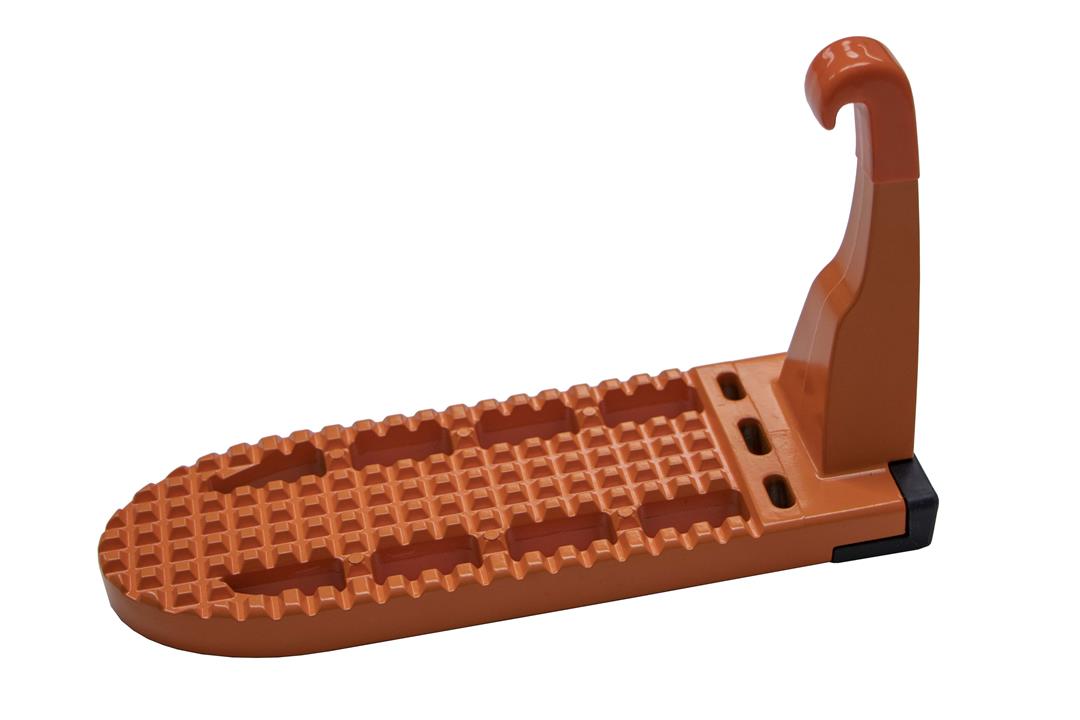 An orange aluminum door latch step designed to mount on vehicle door strikers for accessing or reaching the roof of a vehicle.