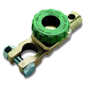 A compact battery disconnect switch with a green cap and a brass body, featuring 'ON' and 'OFF' markings.