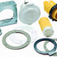 A set of detachable power kit components including inlet and connector with weatherproof cover, circular metal ring covers, and other installation parts.