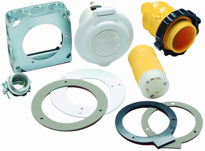 A set of detachable power kit components including inlet and connector with weatherproof cover, circular metal ring covers, and other installation parts.