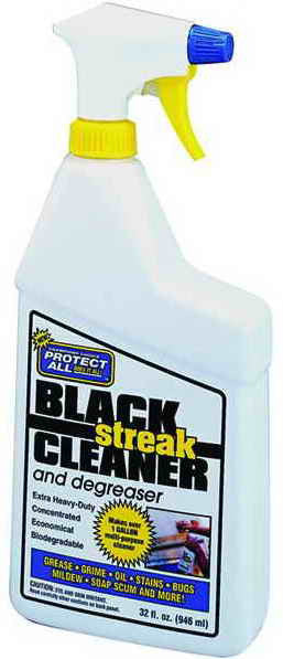 A 32 oz spray bottle of Black Streak Cleaner and Degreaser with a yellow spray nozzle and a label that includes the product name and information such as 'Safe on Clear Coats' and 'UV Absorber'.