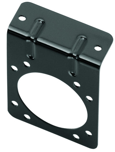 A black universal 7-way bracket designed to mount to bumper for holding 7 pin connector.