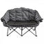 A Gray and black checkered double camping chair with a sturdy frame, featuring padded back and armrests, an insulated beverage holder, and a phone pocket.