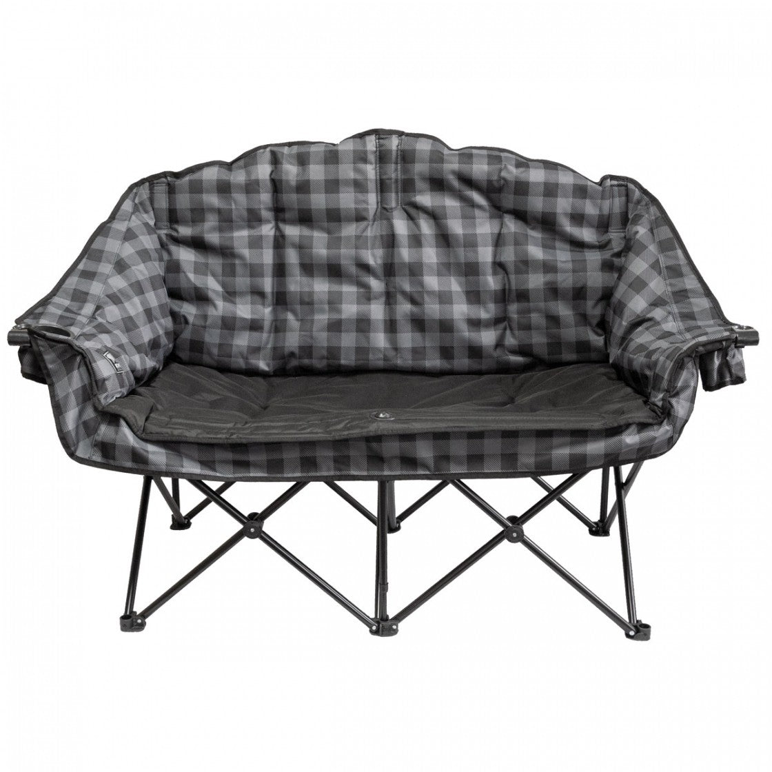 A Gray and black checkered double camping chair with a sturdy frame, featuring padded back and armrests, an insulated beverage holder, and a phone pocket.