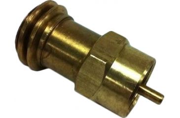 A gold-colored propane tank adapter designed to connect a 1 lb. propane canister to a regular hose and regulator.