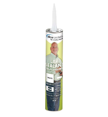 A tube of Dicor Lap Sealant in white color, with a self-leveling texture, designed for creating watertight seals along roof's edges.
