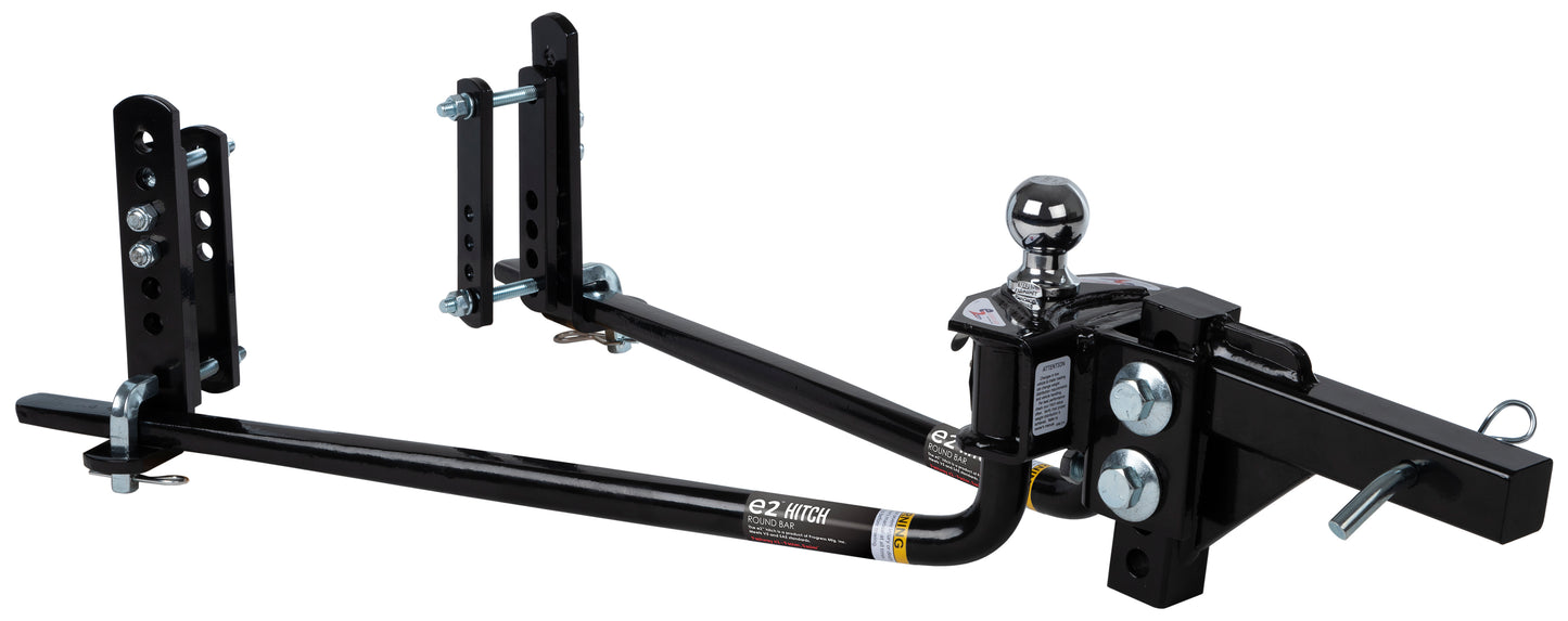 A black round bar weight distribution hitch with built-in sway control, including shank and ballmount but no hitch ball.