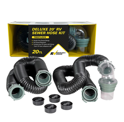 A 20 foot Duraflex Sewer Hose Kit, displayed with components spread out next to its packaging box.