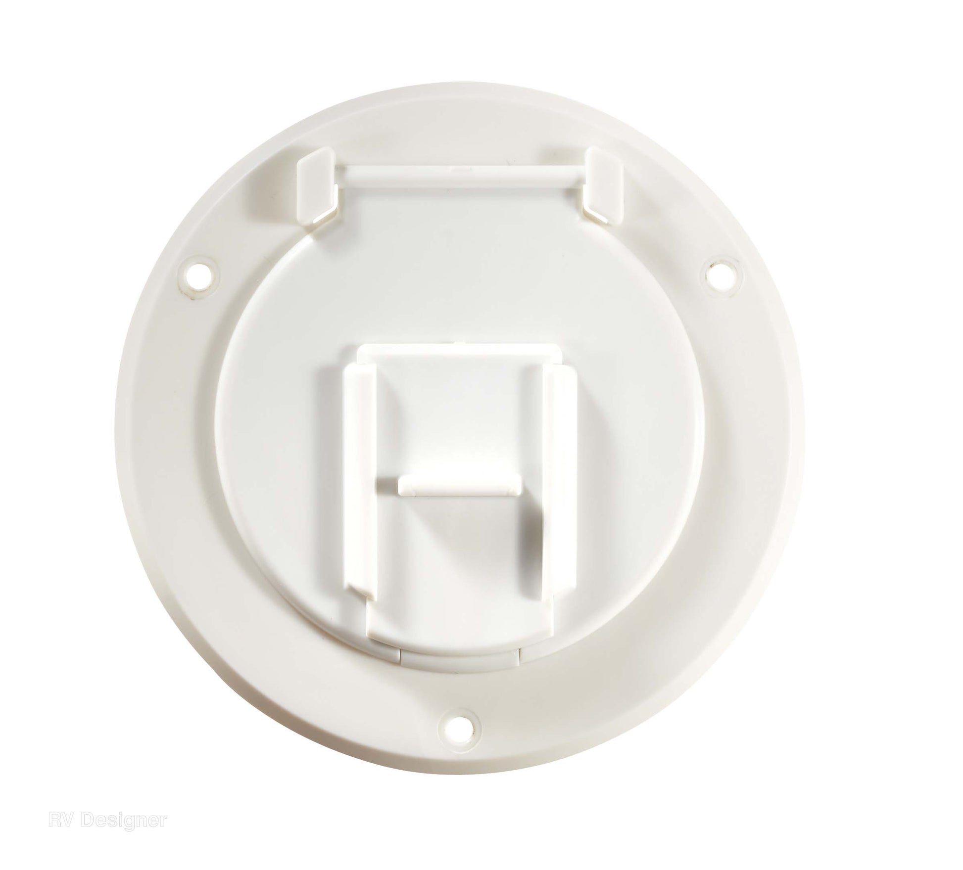 A white, round electrical cord hatch with a visible back hatching.