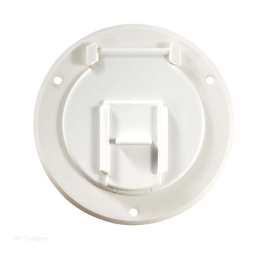 A white, round electrical cord hatch with a visible back hatching.