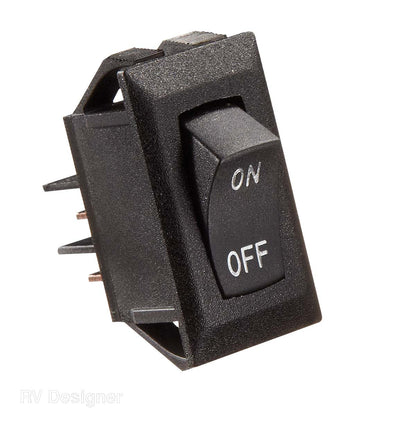 A single-pole, single-throw switch with a white and silver color scheme, featuring 'on' and 'off' text.