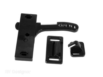 Black plastic RV screen door latch with fasteners
