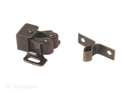 A black double roller door catch for RVs, displayed against a white background.