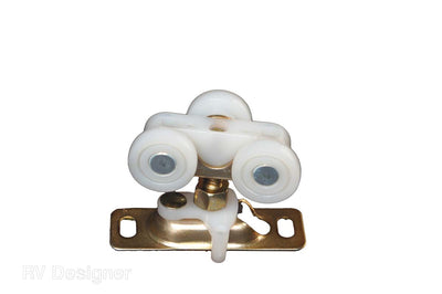 A white interior door roller with a rounded design, featuring a gold-colored metal hinge and plastic wheels, without mounting hardware.