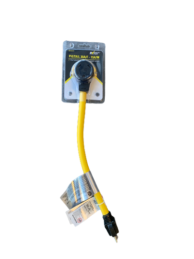 A yellow power cord adapter with a 30 amp female to 15 amp male pigtail, featuring a high-visibility yellow jacket and solid brass contacts.
