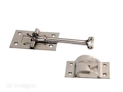 A silver stainless steel T-style door catch with fasteners, designed for RV entry door holders.