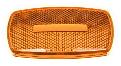 Replacement amber lens for a vehicle's side marker light, featuring a rectangular shape with a textured surface and a snap-on lens design.