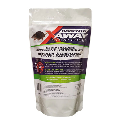 A package of 'Rodents Away Odor Free' mouse repellent, featuring an image of a mouse and product details on a white background.