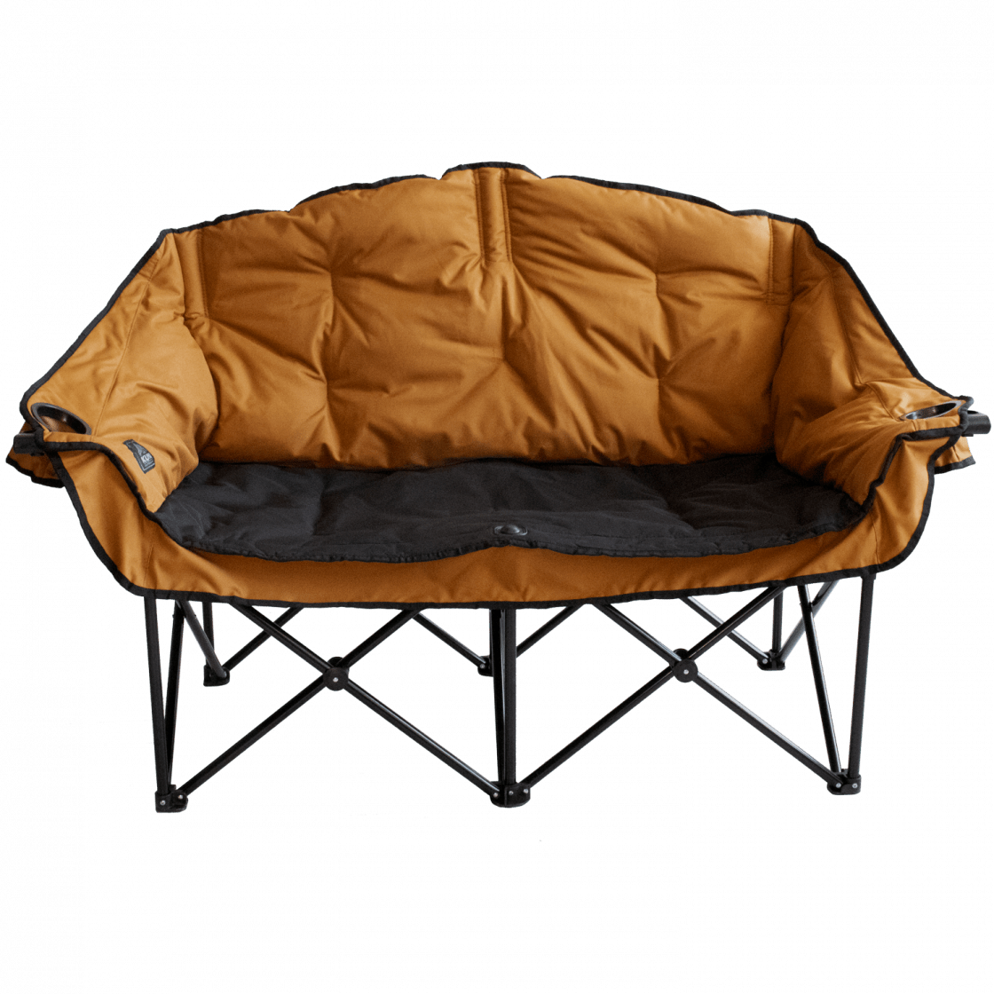 A Sierra and Black double camping chair with a sturdy frame, featuring padded back and armrests, an insulated beverage holder, and a phone pocket.