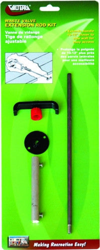 The product image shows a Sewer Waste Valve Handle Extension kit, including a handle, an extension rod, and a coupler, against a green background.
