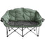 A sage and gray double camping chair with a sturdy frame, featuring padded back and armrests, an insulated beverage holder, and a phone pocket.