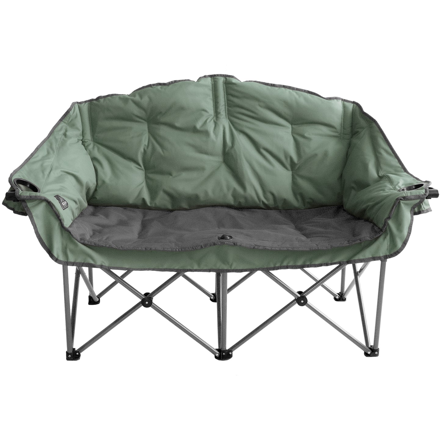 A sage and gray double camping chair with a sturdy frame, featuring padded back and armrests, an insulated beverage holder, and a phone pocket.