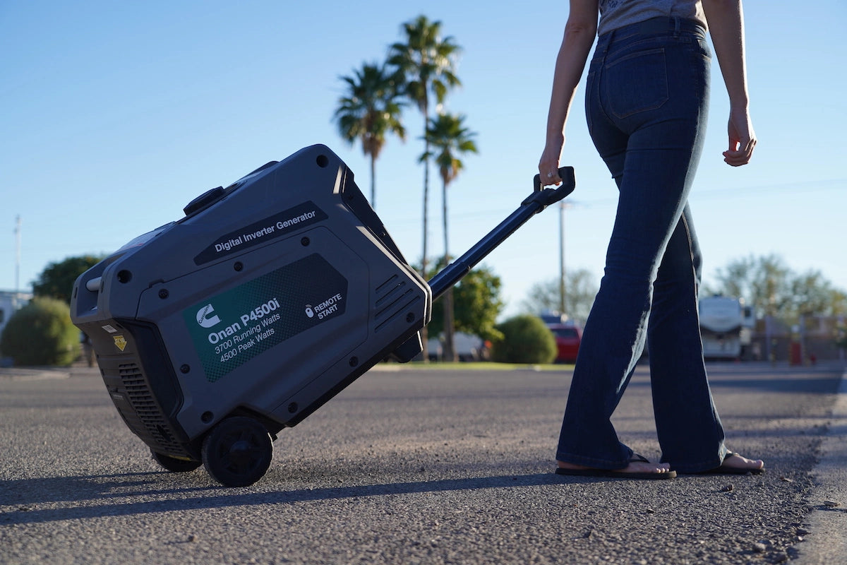 Telescoping handle and wheels for easy transport on the Cummins Onan generator