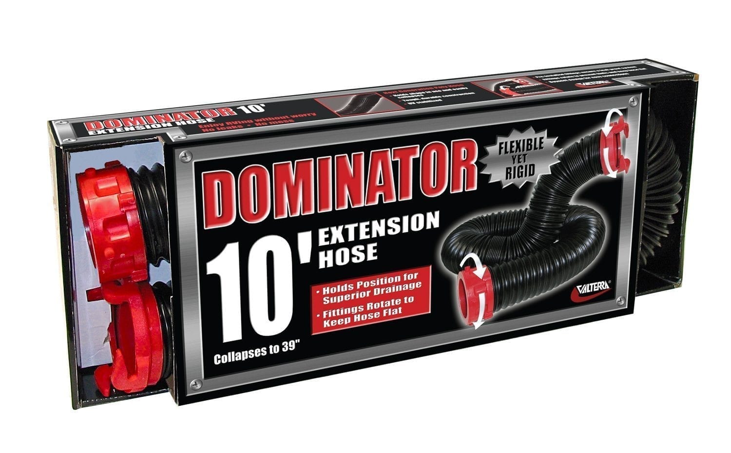 Collapsed Valterra Dominator sewer hose in display packaging