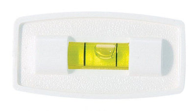 A white RV level bubble indicator with a yellow liquid level indicator within a clear vial, mounted on a white surface with adhesive backing.