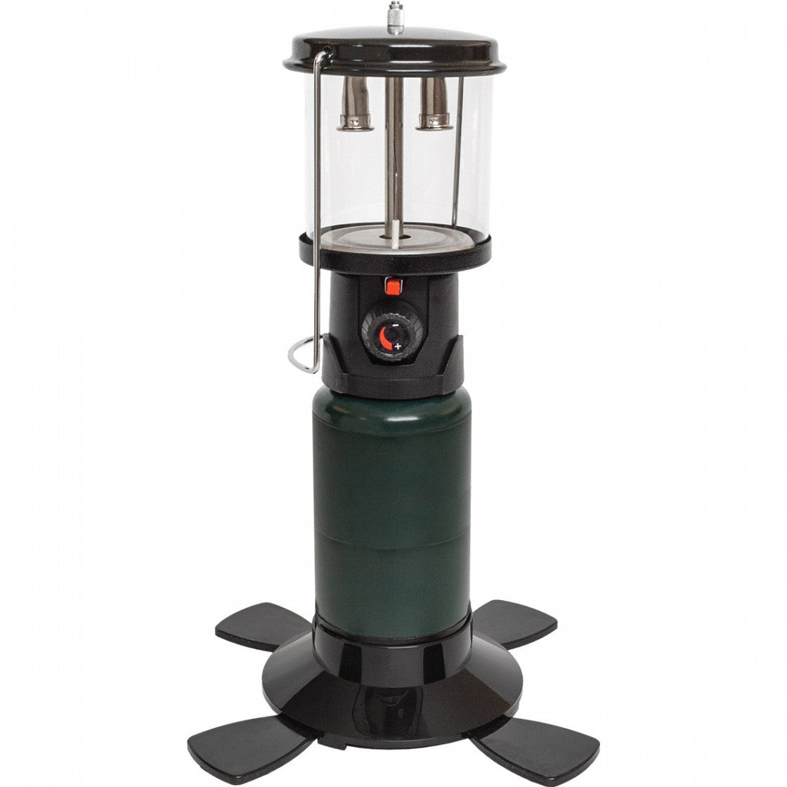 A black propane lantern with a clear glass window, featuring a chrome steel bail handle and a black powder coated frame base.