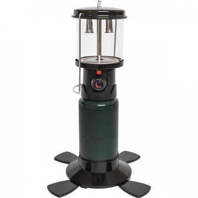 A black propane lantern with a clear glass window, featuring a chrome steel bail handle and a black powder coated frame base.